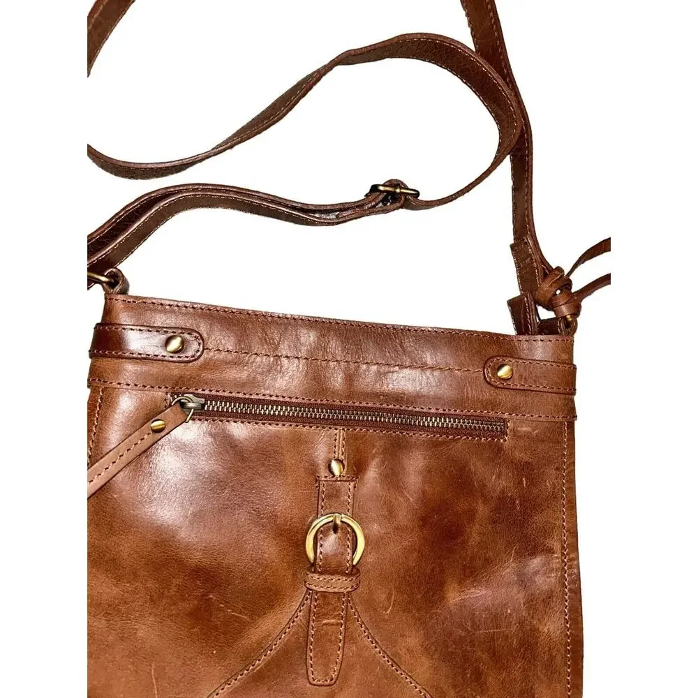 Diba True Women Brown Leather Zipper‎ Outer Pockets Crossbody Strap Shoulder Bag